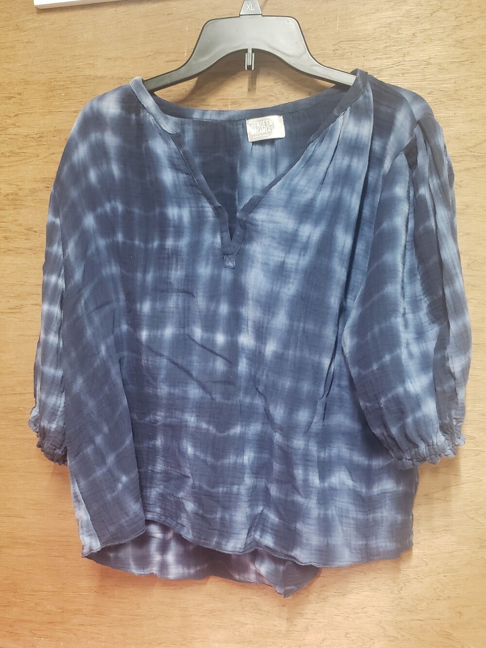 Heros & Dreamers Boho Tie-Dye Navy Blue Women's Peasant Top Cotton Guaze Large